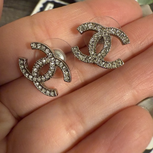 CHANEL Silver Crystal CC Classic Stud Earrings - Picture 2 of 9